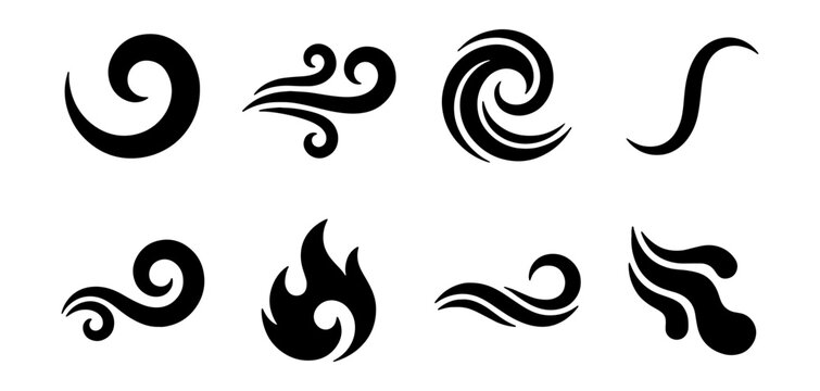 Set of abstract wind and fire icons, stylized air flow and flame symbols
