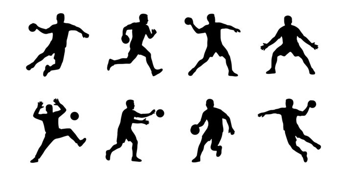 Set of handball player silhouettes in various action poses