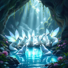 Fototapeta premium Heavenly Winged Arctic Foxes at a Mystical Cave Spring