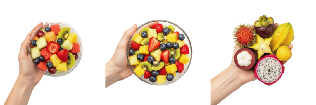 Hand holding fruit salad portion - Fructus (Fruta / Fruit) - Fresh Organic Tropical Fruit - Healthy Vegan Snack - Natural Sweetness - High Quality Stock Photo Image - Premium Fruit Photography - Hand 
