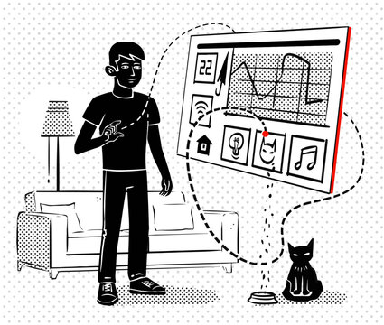 Young man controls smart home system in living room with cat nearby