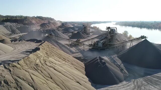 High angle aerial view of a large scale sand and gravel extraction plant featuring complex conveyor systems and massive material mounds alongside a serene river under bright daylight