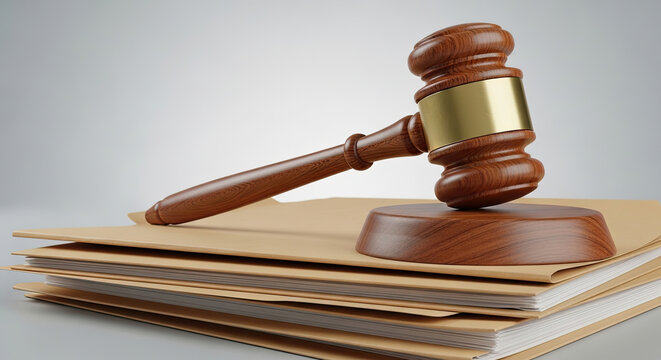 Wooden gavel resting atop stack of brown legal file folders in a clean studio shot symbolizing justice legal proceedings and law concept