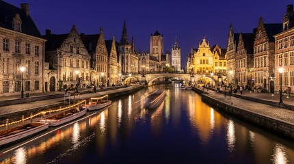 Fototapeta premium Historic buildings line a tranquil canal in Ghent, Belgium, under a twilight sky.