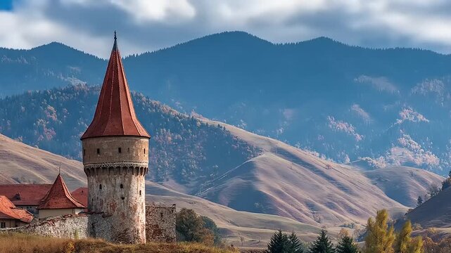 Ancient defensive tower with conical roof set against rolling, tree-dotted hills and distant blue mountains