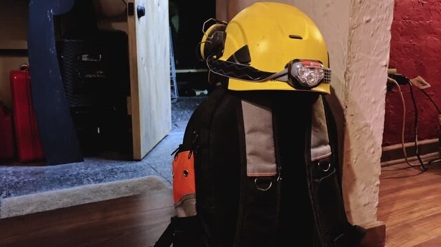 Work backpack with yellow safety helmet, hearing protection and work light at home entrance, ready for industrial workday