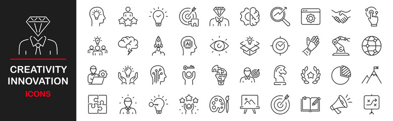 Creativity innovation web icons set. Creativity idea - simple thin line icons collection. Containing creative solutions, management, solution, brainstorming, invention and more. Simple web icons set © mi-vector