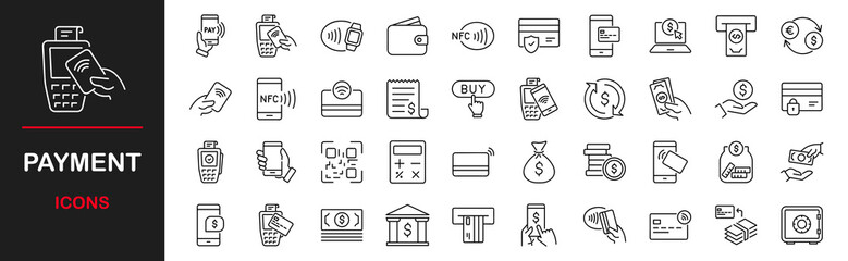 Obraz premium Payment. Linear icon set. Payment options. Payment vector icons. Outline payment method symbols. Money transfer. Banking, credit card, cash and transaction symbol. Vector illustration