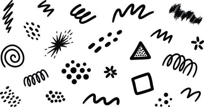 Collection of black hand-drawn doodle shapes and patterns on white background, black and white abstract