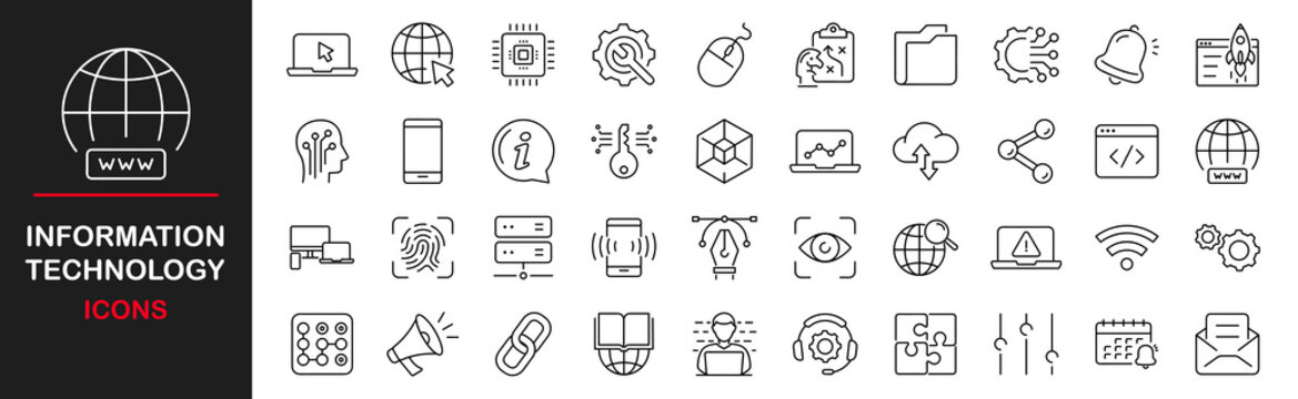Information Technology web icons set. IT - simple thin line icons collection. Containing technology progress, website, Internet, data, programming and more. Simple web icons set