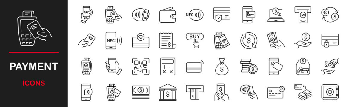 Payment. Linear icon set. Payment options. Payment vector icons. Outline payment method symbols. Money transfer. Banking, credit card, cash and transaction symbol. Vector illustration
