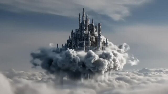 Fantastical citadel resting upon thick atmospheric vapor above an endless cloud layer