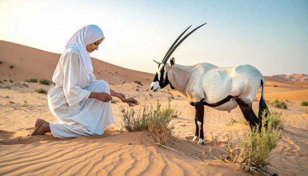 Man in traditional clothing feeding an Arabian Oryx in the desert.