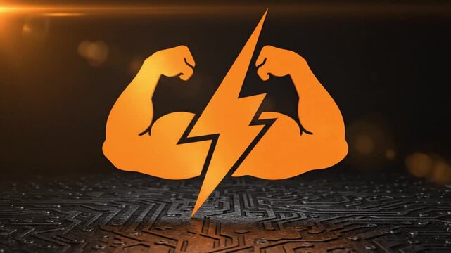 Muscular flexed arm, orange lightning bolt, circuit board background, energetic power symbol