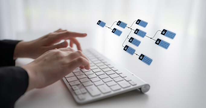 Blockchain structure showing distributed data blocks linked with encryption, representing secure transaction verification, decentralized control, and immutable record system Latch