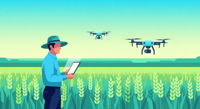 flat vector animation, modern farmer using agricultural drone technology in wheat field 
