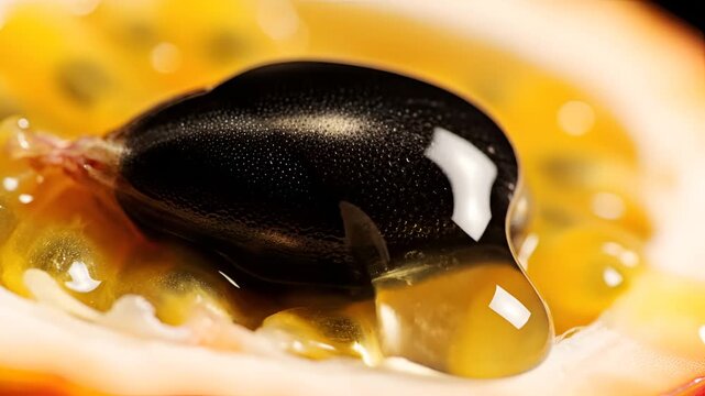 Closeup Macro Shot of a Juicy Passion Fruit Seed with Pulp.