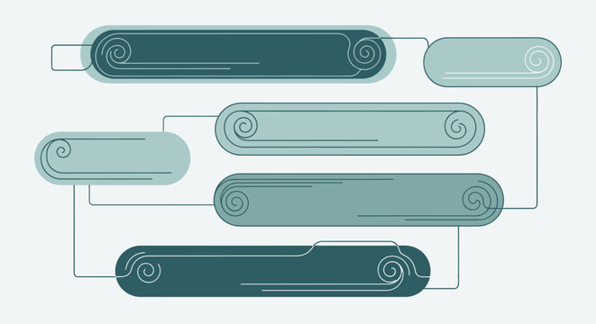 Connected teal and blue-green infographic process diagram elements with decorative swirls on a bright studio background.
