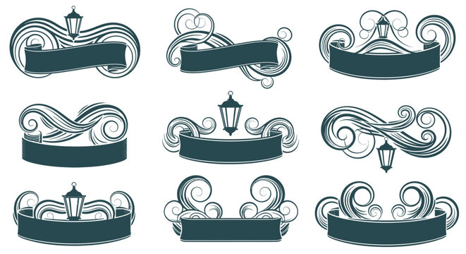 A vintage set of blue crown vector icons and royal silhouettes featuring retro ribbon elements and frame illustrations for logo design