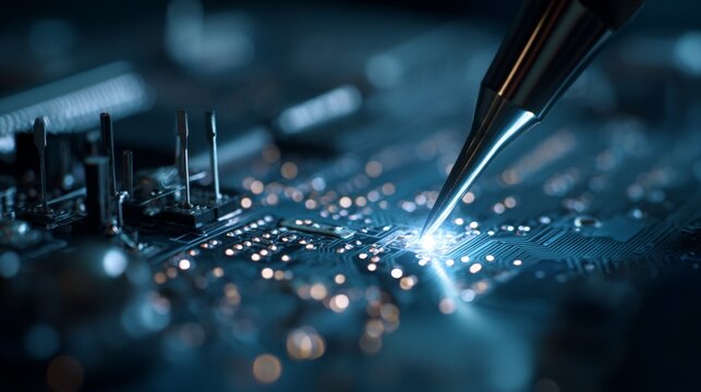 Close-up view of a metallic pen making contact with a circuit board, highlighting illuminated electronic components and intricate pathways in a dark setting