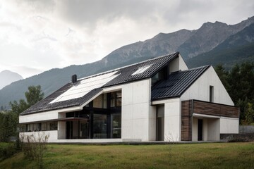 Obraz premium Modern concrete house stands against a mountain backdrop in a rural area during overcast weather with solar panels on the roof and open space in front