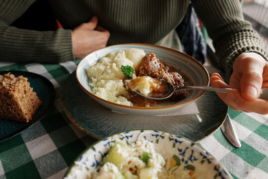 Meal with Mashed Potatoes and Meat in Cafe