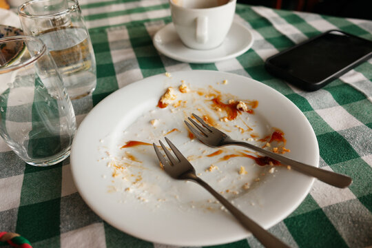 Empty Plates and Coffee on a Checkered Table