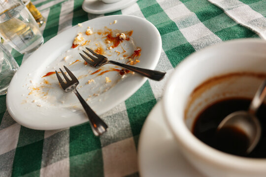 Empty Plates and Coffee on a Checkered Table
