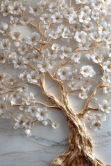 Naklejka premium A stylized golden tree entirely covered in white silk blossoms. White marble background. Luxurious 3D sculptural relief