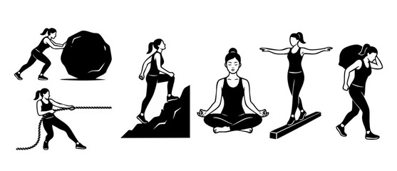 Obraz premium Woman Fitness Silhouettes Set, Pushing Rock, Climbing Mountain, Yoga Meditation, Balancing Beam, Carrying Heavy Load, Strength and Mental Wellbeing Concept, Black and White Vector Illustration Icon Co