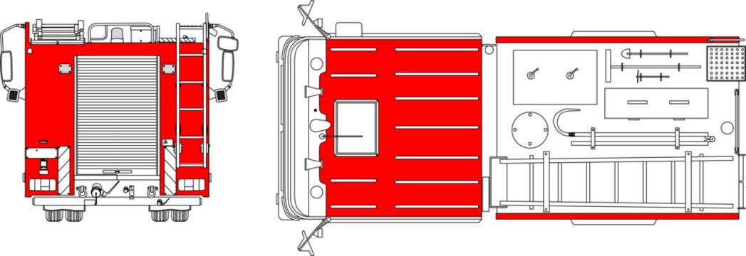 Technical engineering drawing of a fire truck showing front elevation, side plan, and rear view with equipment including ladders, hoses, and compartments.