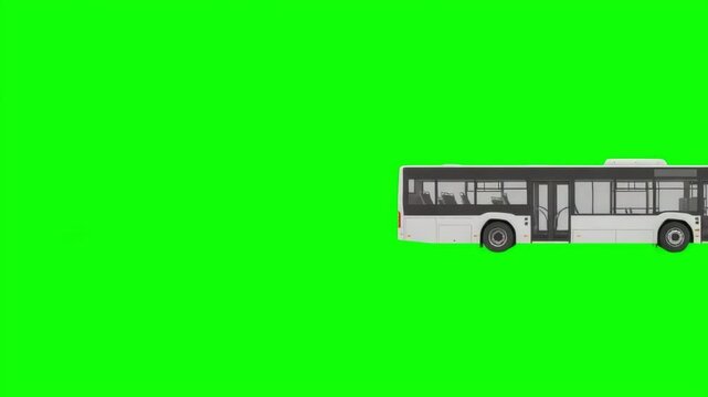 White Modern City Bus Driving Across Green Screen Background, Side View Animation of Public Transport