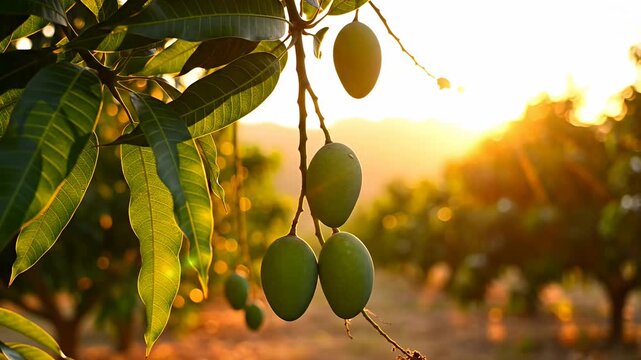 Green mangoes hanging on tree branch with sunlight in background