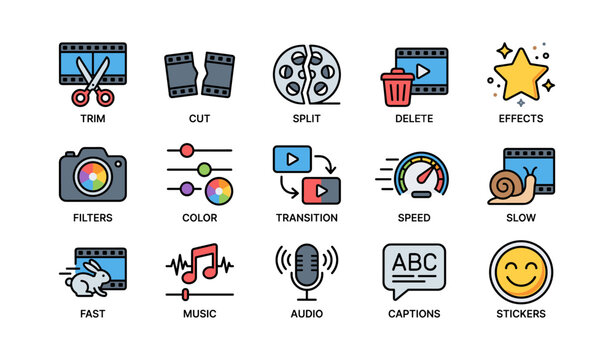 Video editing tool icons arranged in a grid on white background