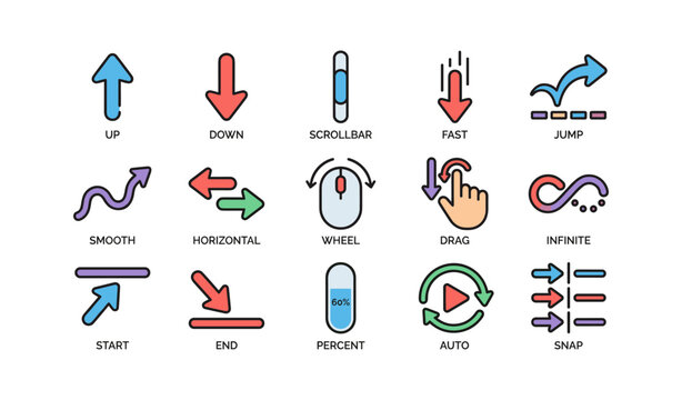 Arrow and scrolling control icons arranged on white background