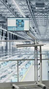 Vertical video Developing advanced electronics, simulation software on display and empty microchip industry 4.0 plant. Optimizing semiconductor design, automation program technology and monitor