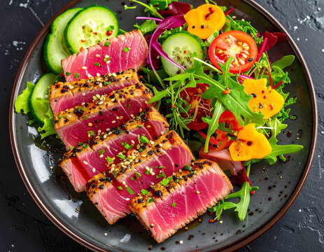 Seared ahi tuna slices and a fresh vegetable salad, fine dining, top view. AI