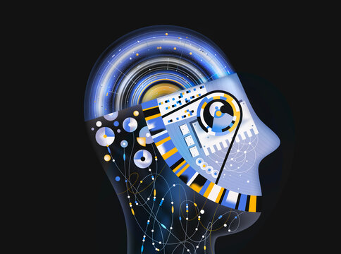 Futuristic AI Robot Head with Digital Brain Interface