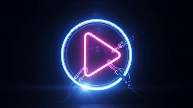 Neon Play Button Icon Glowing In The Dark.