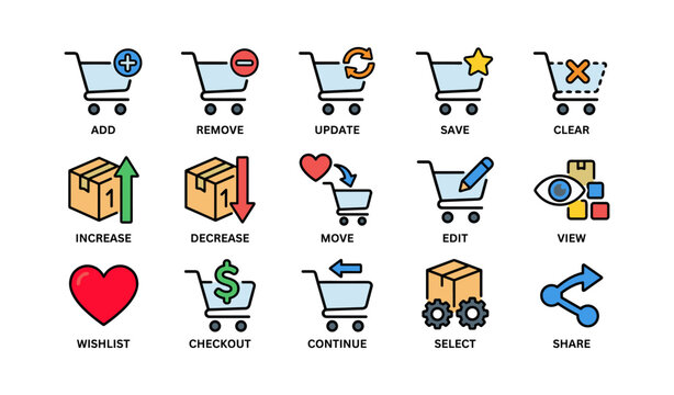 Collection of shopping cart action icons on white background
