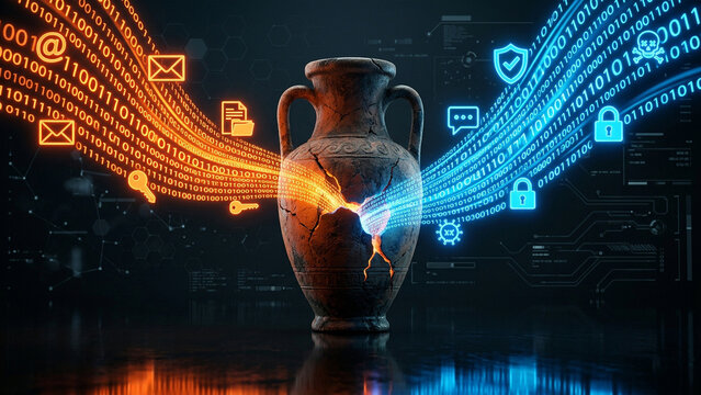 Cyber Security Data Breach Concept with Burning Ancient Amphora and Glowing Digital Icons