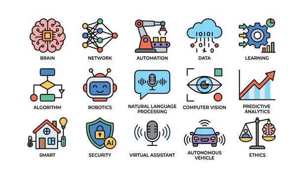 Artificial intelligence and technology icons grid on white background