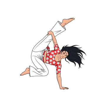Woman performing capoeira move, dynamic dance, athletic pose