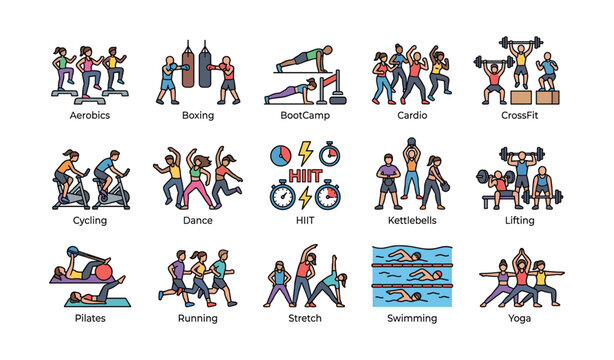 Group exercise and workout icons representing diverse fitness classes