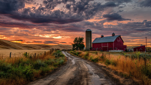 Rural farm scene with the sun setting over the hills in the distance featuring a red barn and silo against the sunset with clouds