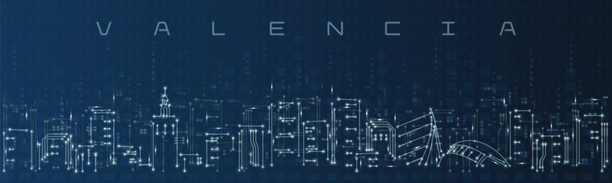 Valencia Smart City Skyline Vector in Circuit Board Style Futuristic Technology Background