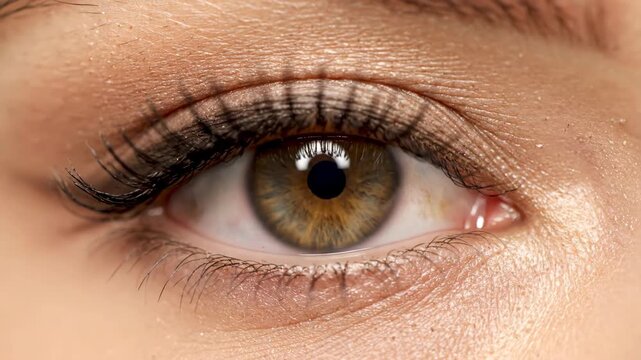 Womans eye with green iris slowly widening and closing, showing different facial expressions and open eyelids