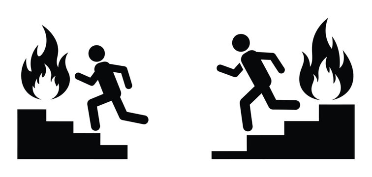 Emergency exit sign people running from flames on stairs