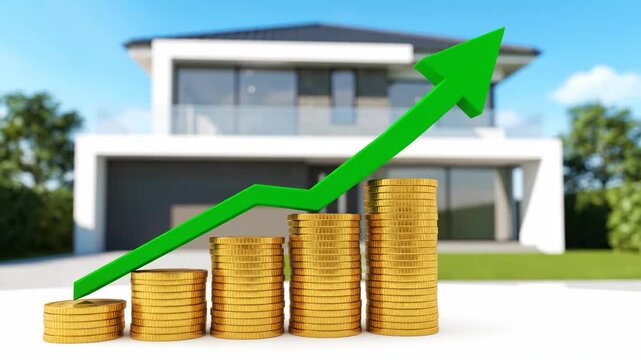 Green arrow moving up gold coin stack showing real estate increase with house background. Property market growth and investment return concept.