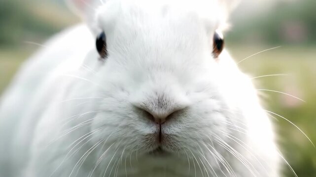 Close-up of a cute white rabbit with black eyes and long whiskers, looking directly at the camera in a grassy field.